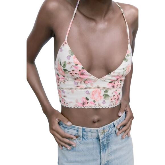 Zara FLORAL Bralette Lace CROP TOP Size XS - Picture 1 of 4